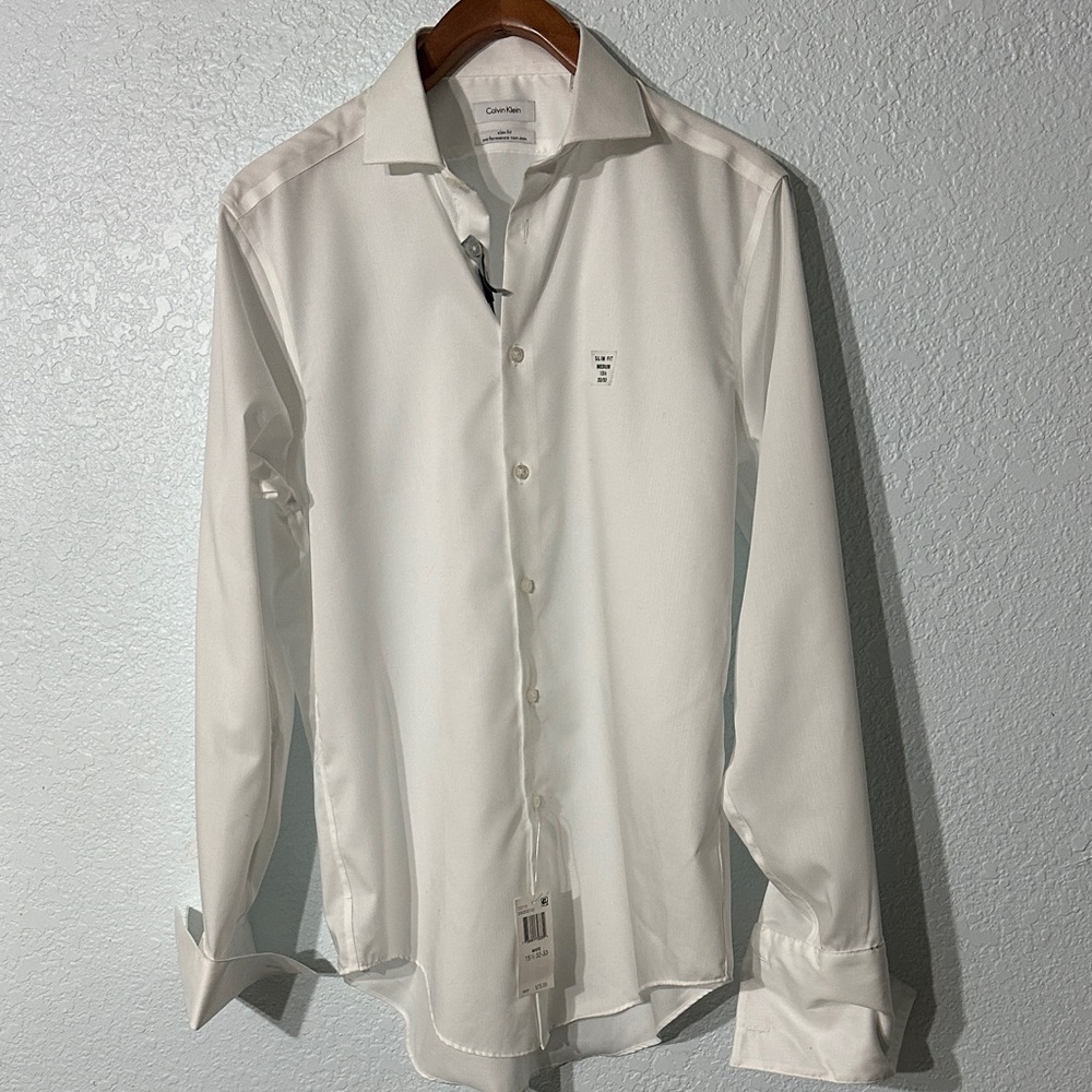 NWT Calvin Klein Men Slim Fit Performance Crisp White Dress Shirt $75‎ Size M